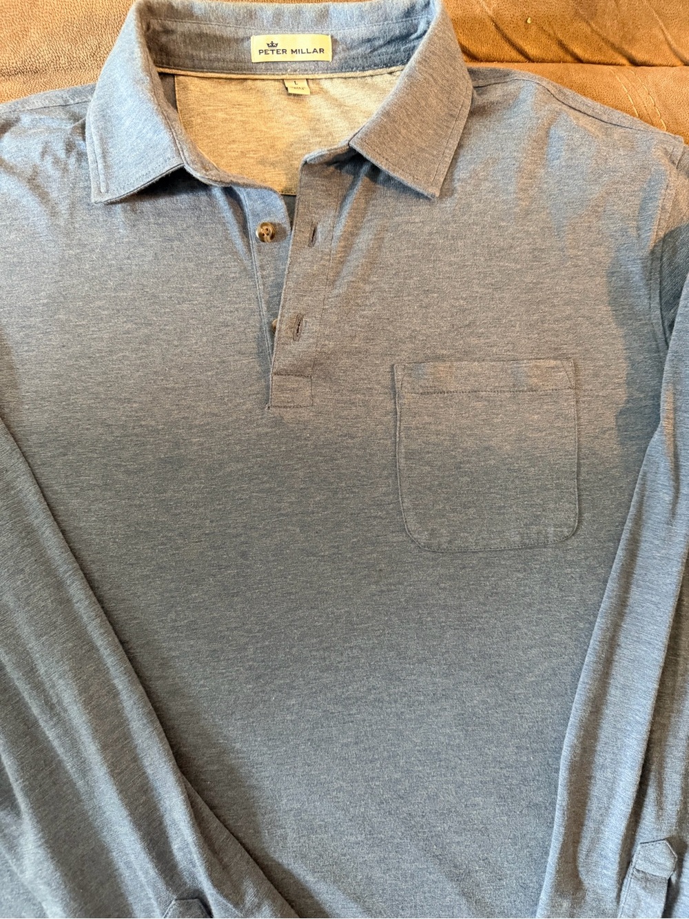 Peter Millar Heather Blue Long Sleeve Polo with Chest Pocket